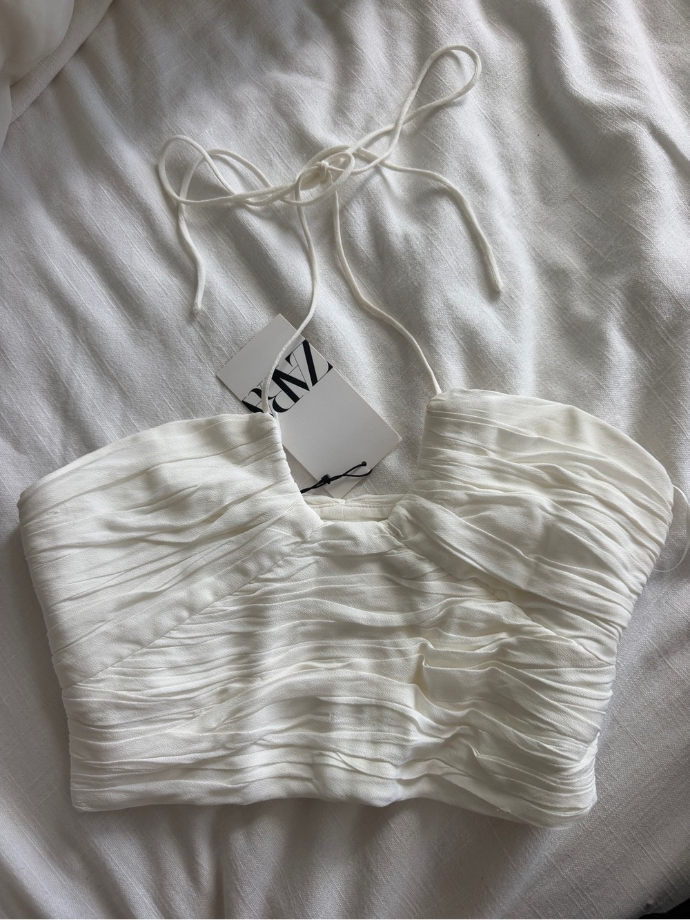 Zara White Ruched Halter Crop Camisole